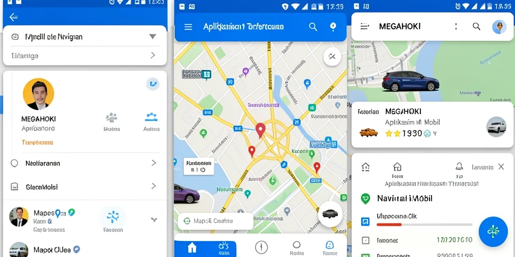 Antarmuka aplikasi MEGAHOKI dengan fitur Navigasi Mobil yang intuitif.